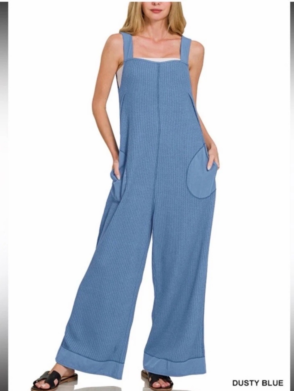 Zenana Outfitters Dusty Blue Wide-Leg Jumpsuit with Patch Pockets